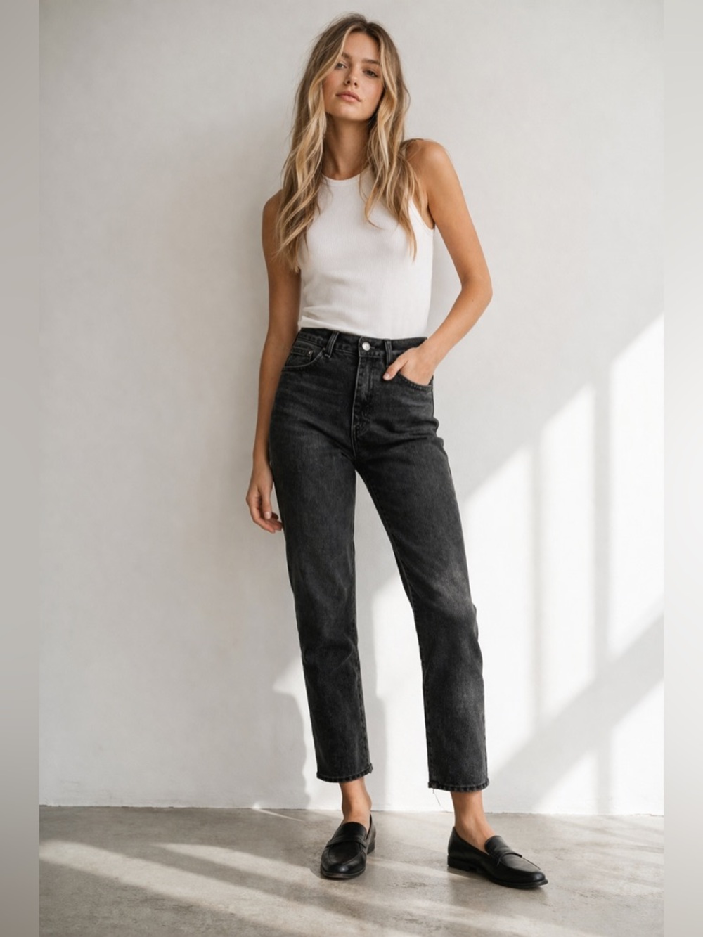 Madewell Perfect Vintage Crop Black Jeans 30 High Rise Straight Raw Hem